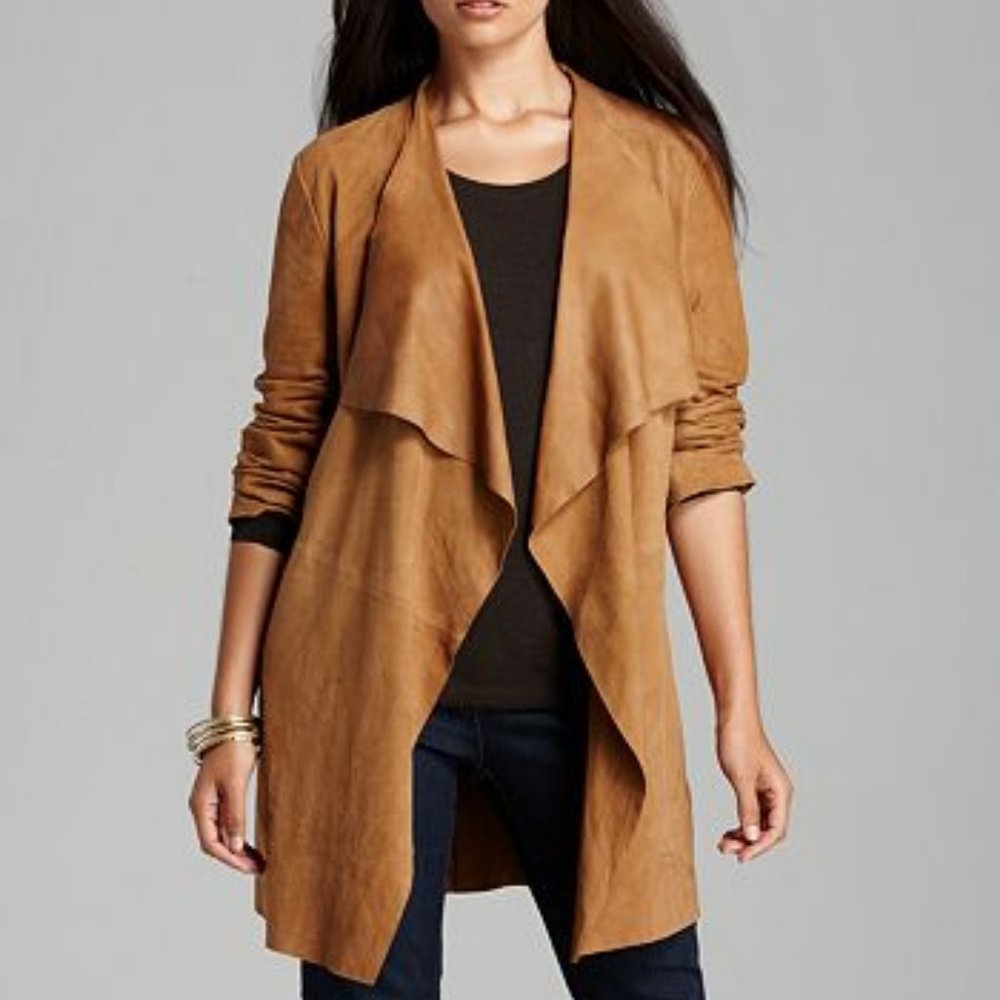 Eileen Fisher Tan Suede-Look Open Front Leather Jacket